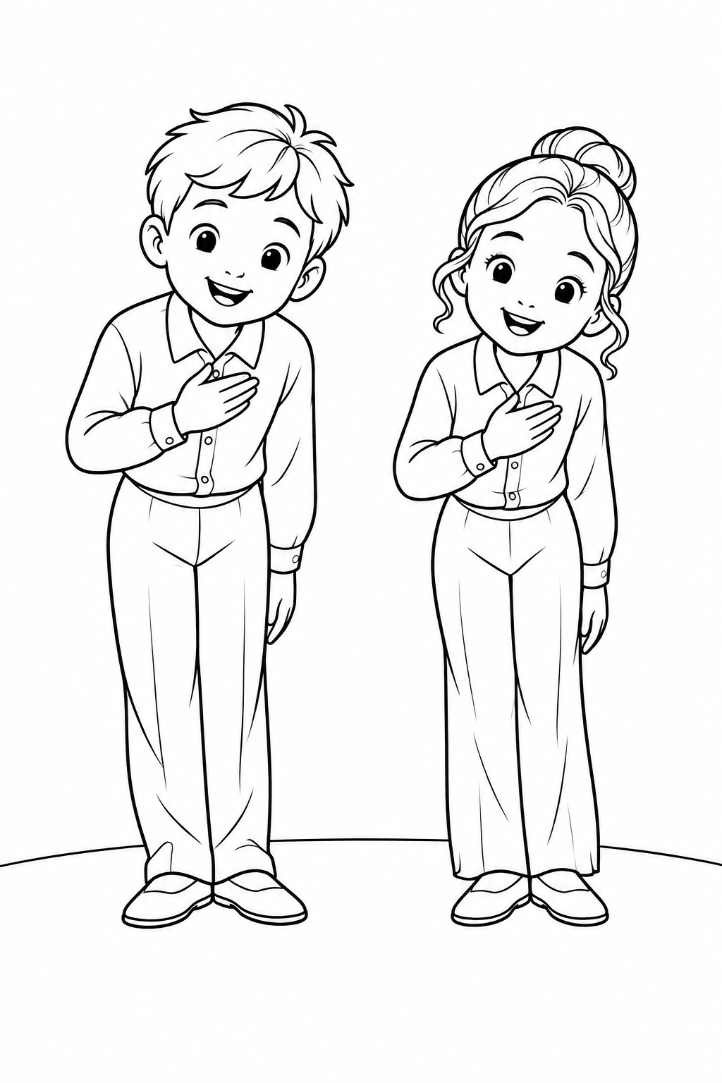 Two children smile and bow on a stage, each with one hand resting on their chest.
