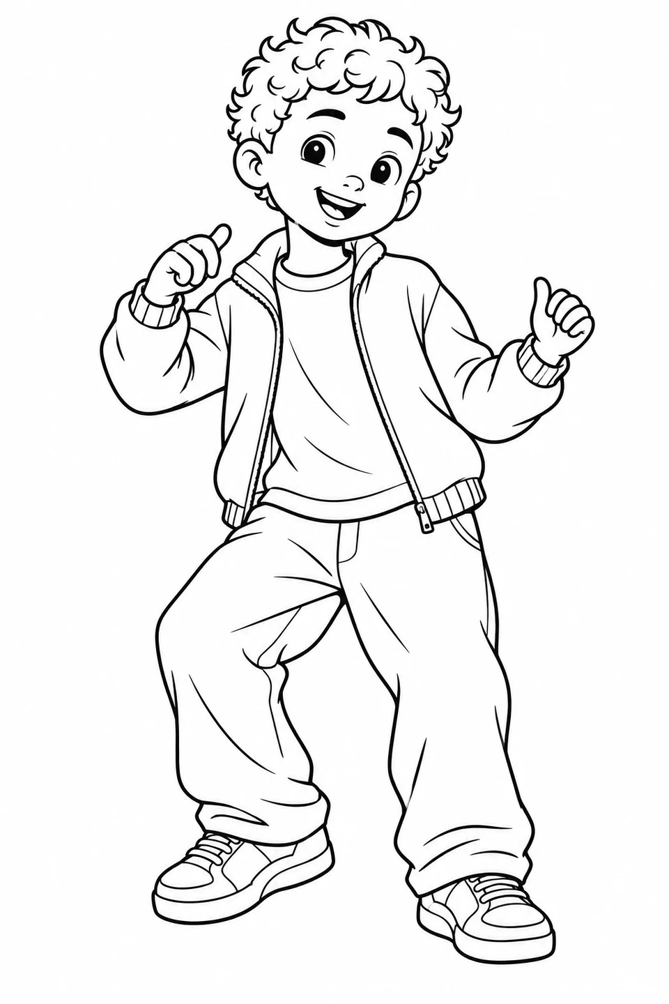 A curly-haired child in a loose jacket and sneakers dances with both thumbs raised.
