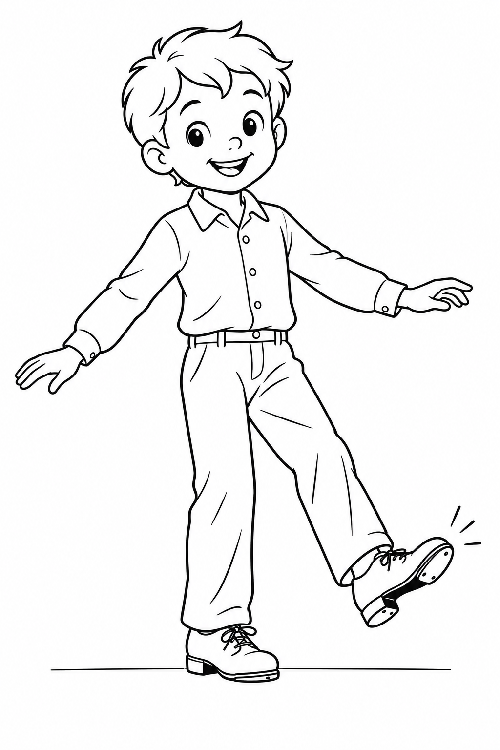 A child spreads both arms and lifts a tap shoe to show its sole plates.