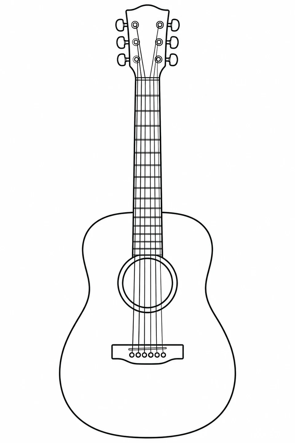 An upright acoustic guitar shows six strings, a round sound hole and three tuning pegs on each side.