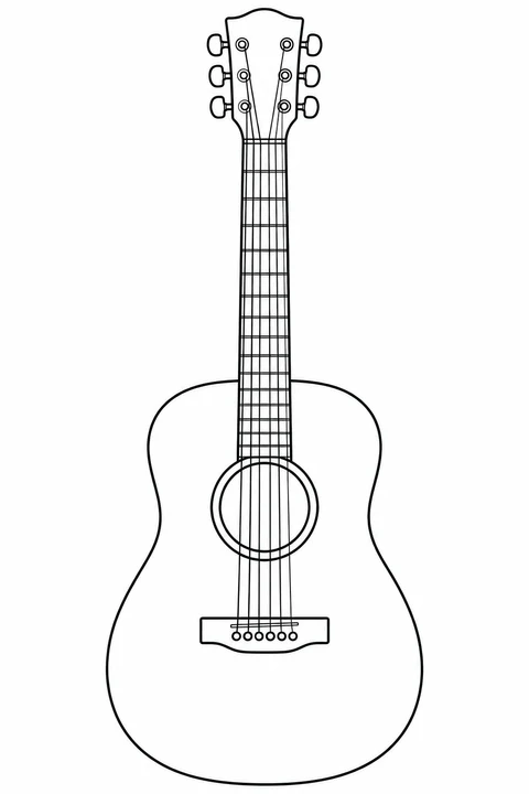 An upright acoustic guitar shows six strings, a round sound hole and three tuning pegs on each side.