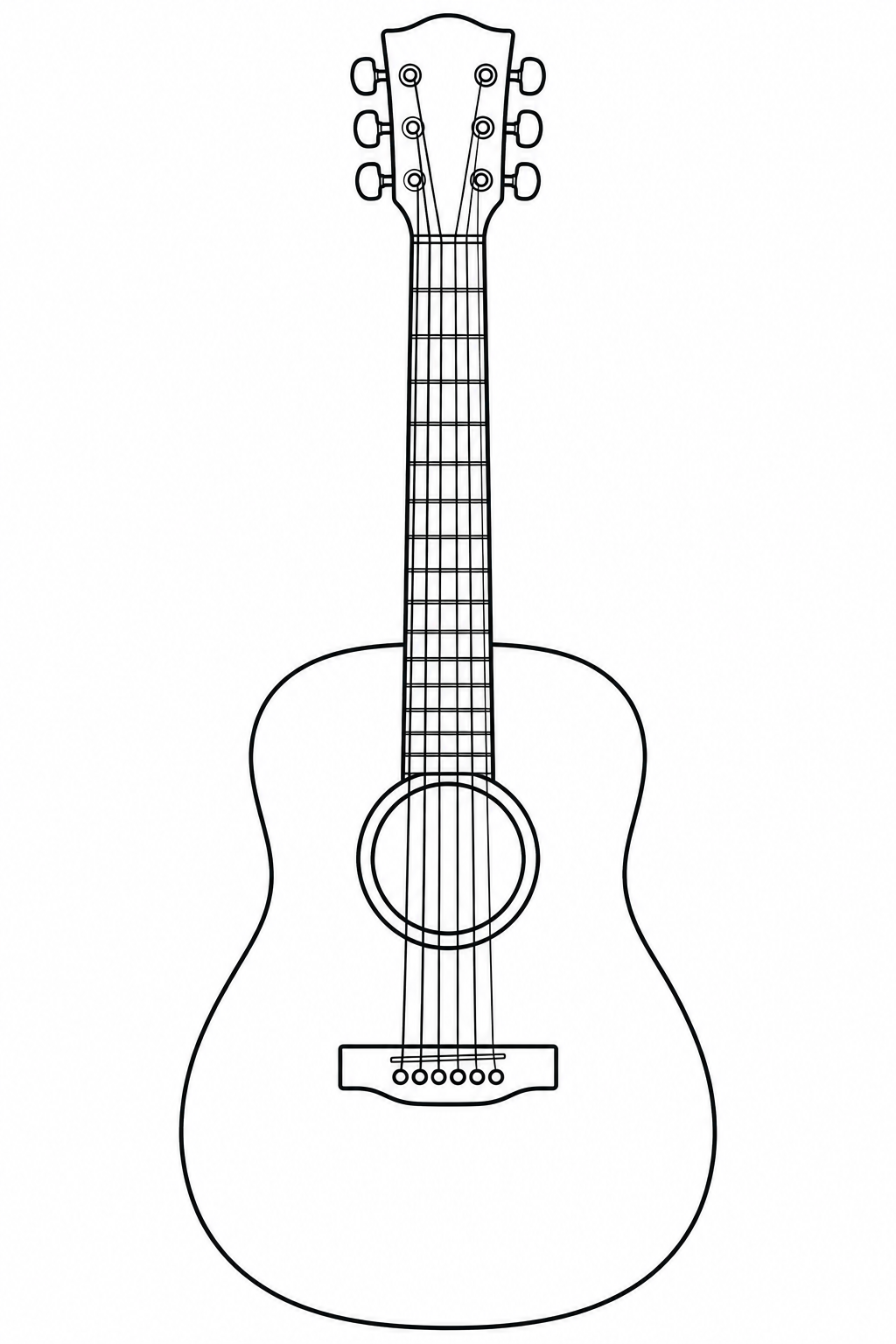 Eine aufrechte Akustikgitarre zeigt sechs Saiten, ein rundes Schallloch und je drei Stimmwirbel an den Seiten.