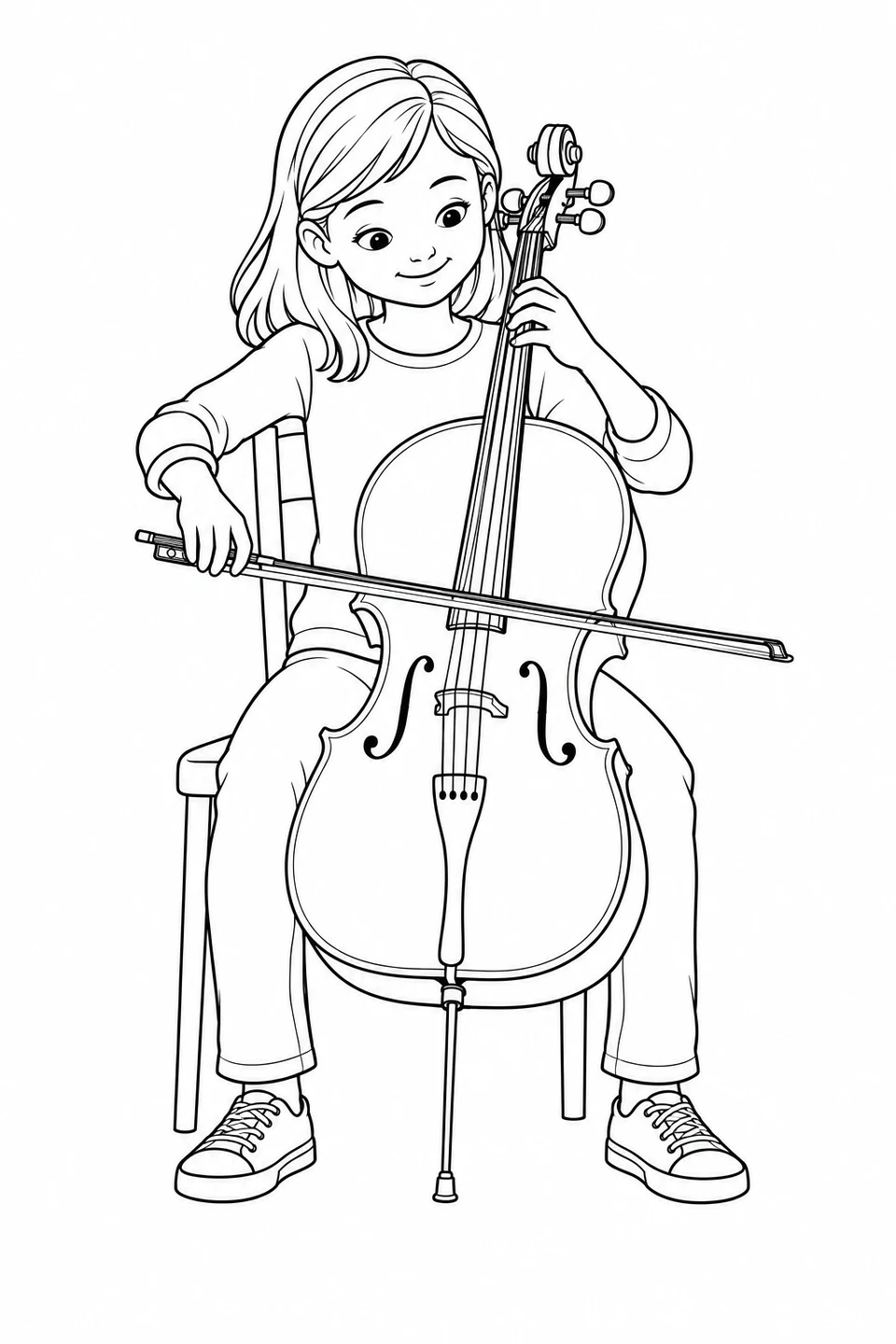 A seated child holds a cello between her knees and draws a bow across its strings.