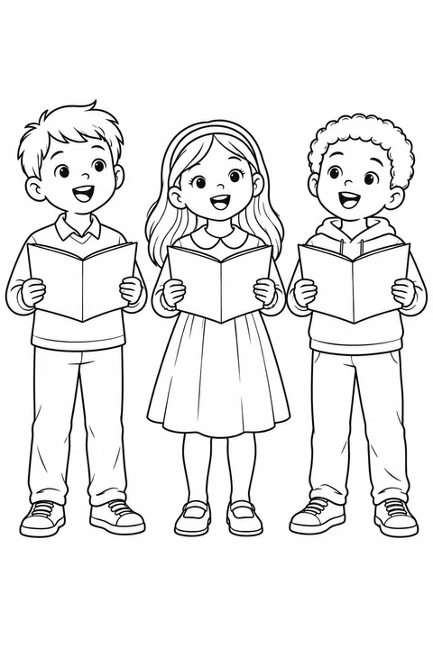 Three children sing together, each holding an open songbook with blank pages.