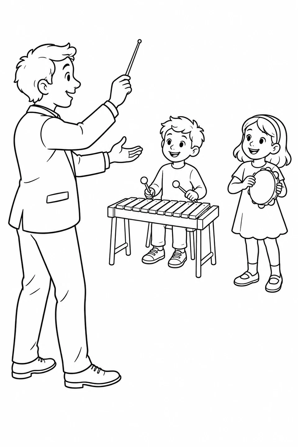 A conductor with a baton leads two children playing a xylophone and a tambourine.