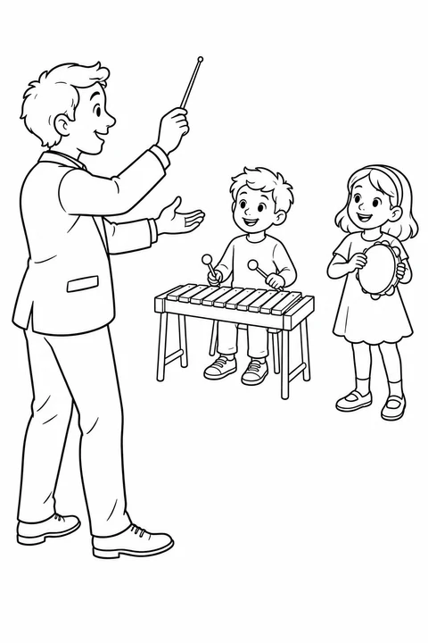 A conductor with a baton leads two children playing a xylophone and a tambourine.