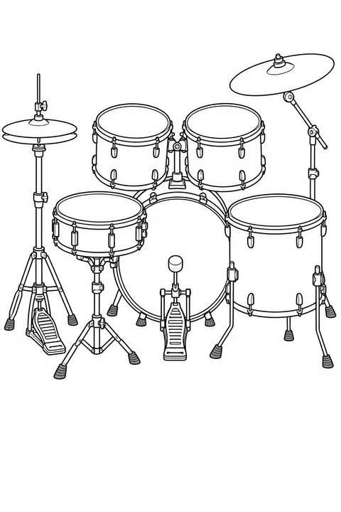 A drum kit brings together a bass drum, toms, snare, cymbals and two foot pedals.