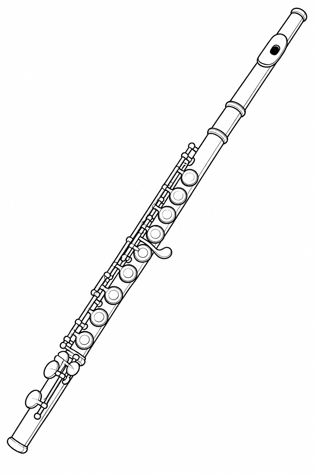 A long concert flute lies diagonally, with a lip plate and rows of rounded keys.