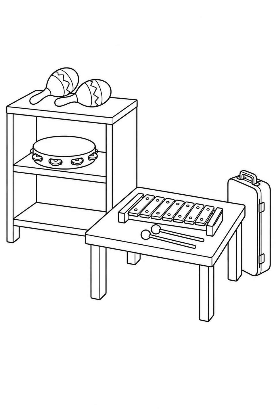 A shelf and table hold maracas, a tambourine, a xylophone and two mallets beside a closed case.