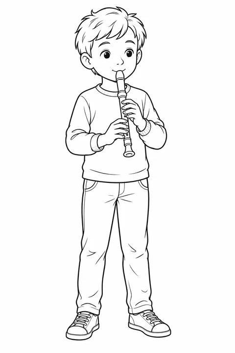 A standing child blows into a recorder and places both hands along its finger holes.