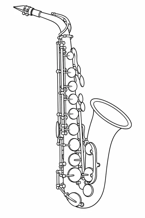 A saxophone has a curved neck, connected keys and a wide bell opening upward.