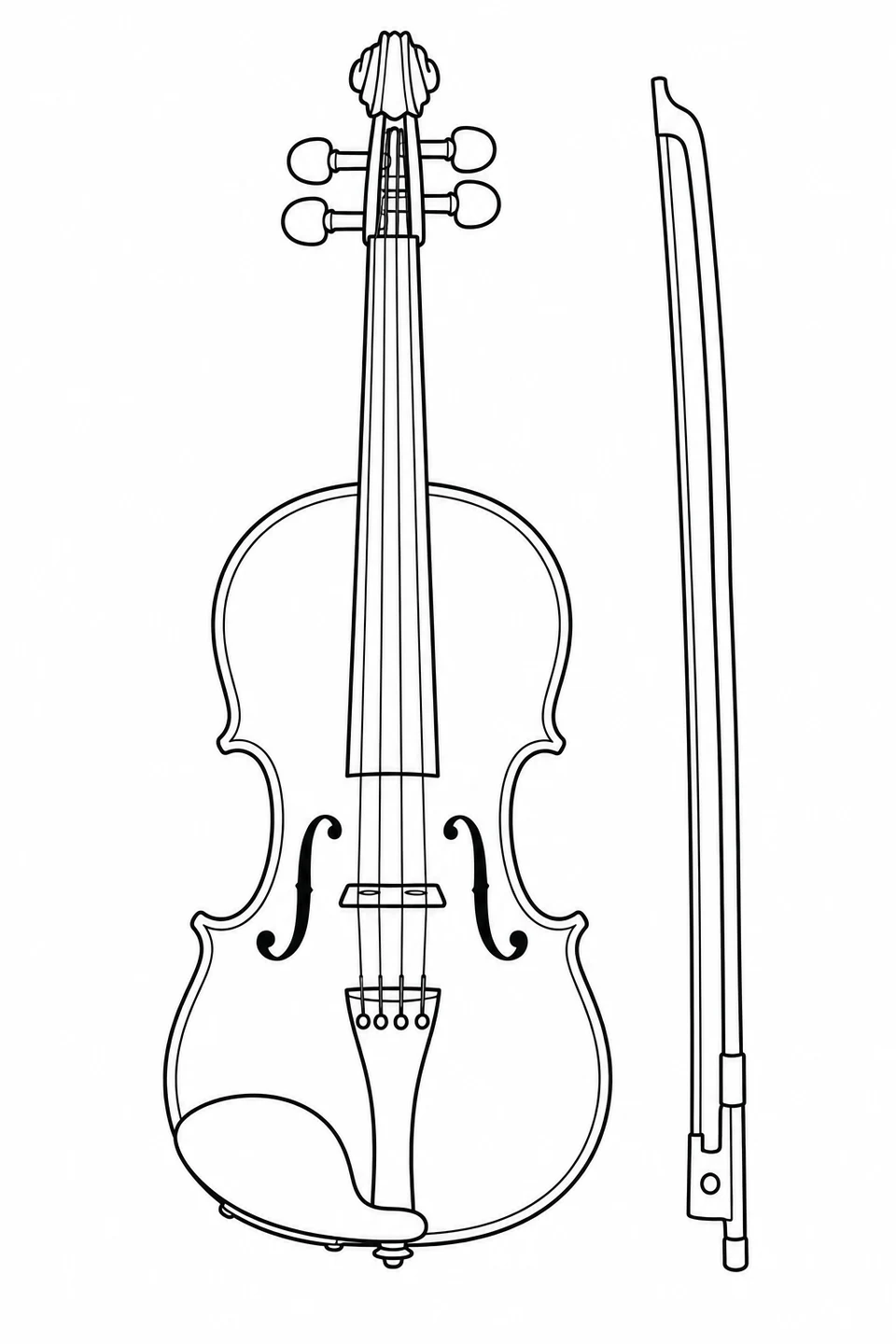 A four-string violin with curved sound holes stands beside a separate bow.