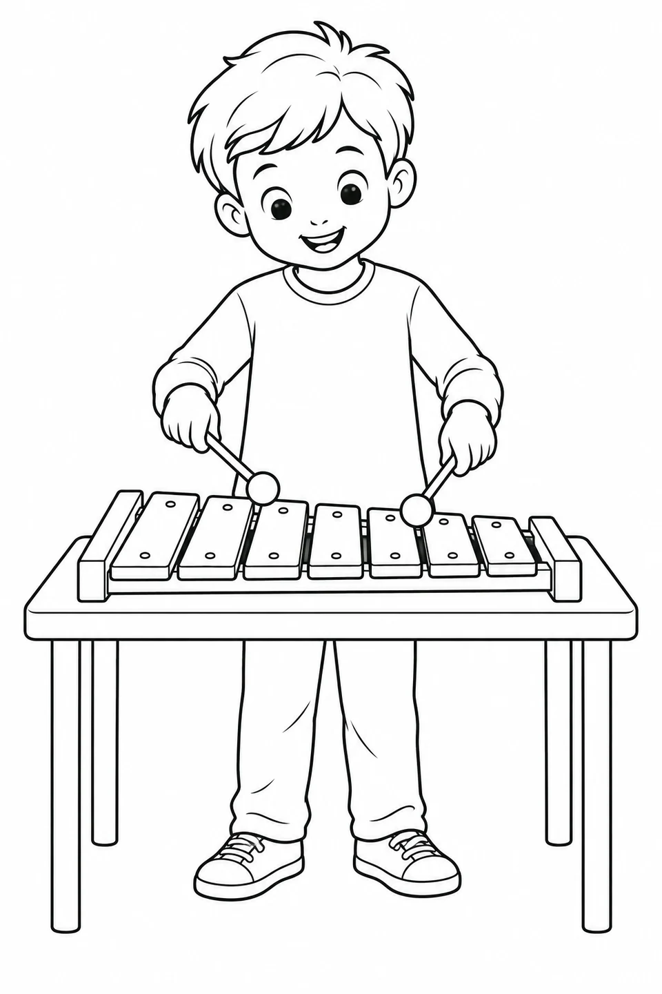 A child holds two round-headed mallets over the bars of a tabletop xylophone.