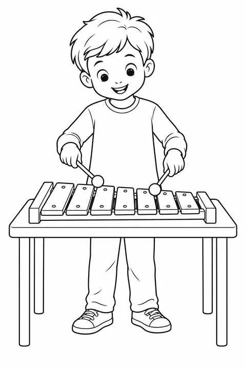 A child holds two round-headed mallets over the bars of a tabletop xylophone.