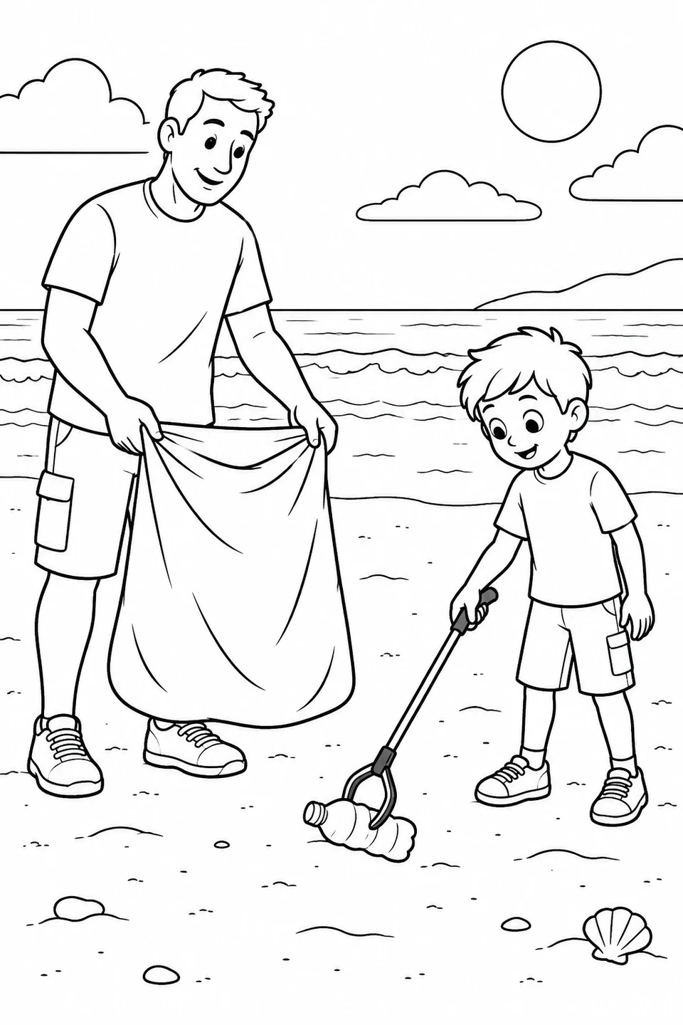 A child uses a litter grabber to pick up a bottle while an adult holds a bag.