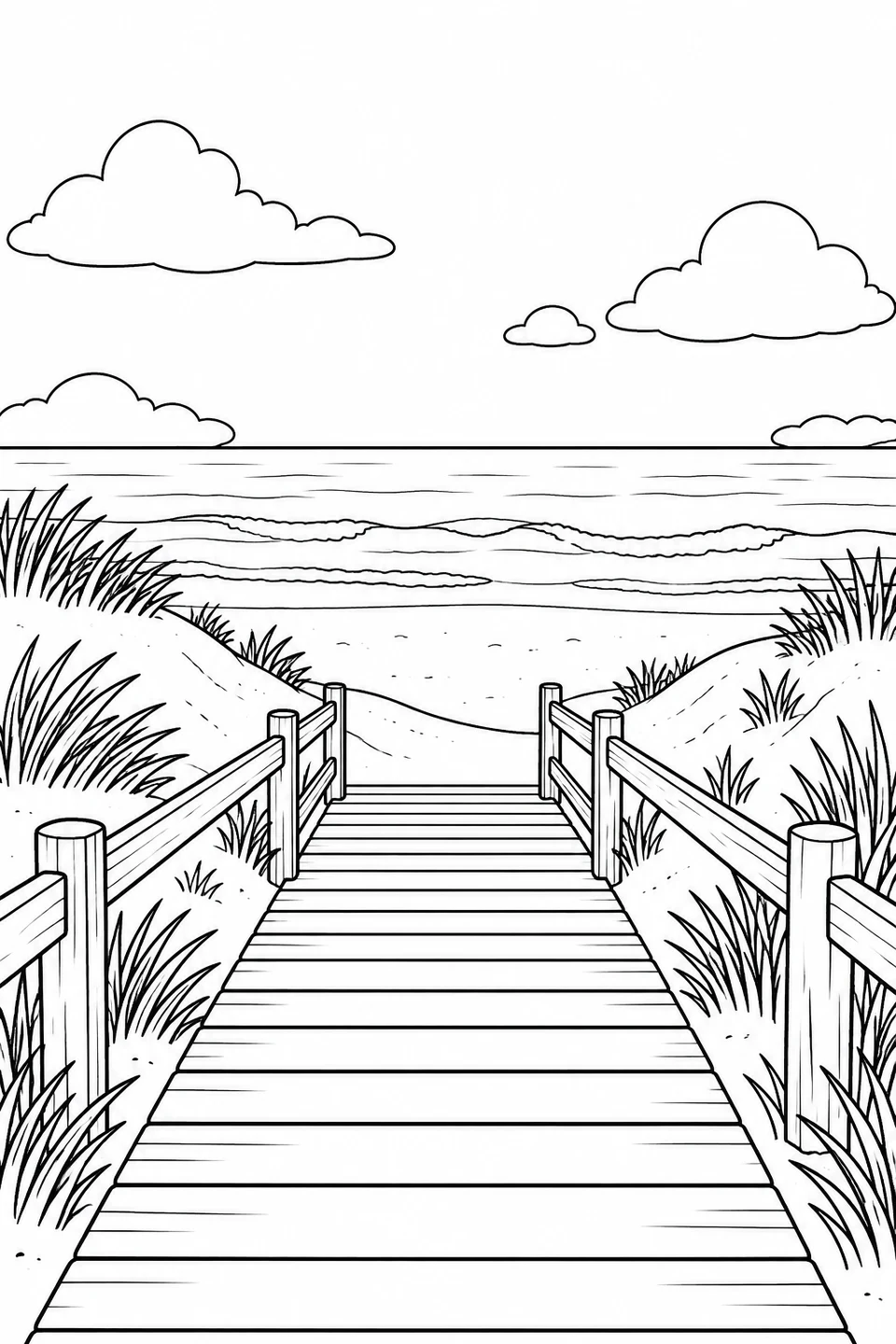 A wooden walkway leads between grassy dunes toward the sea.
