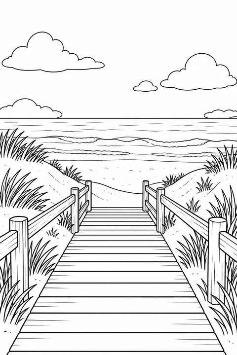 A wooden walkway leads between grassy dunes toward the sea.