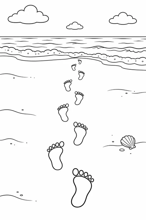 A trail of bare footprints winds across sand toward gentle waves.