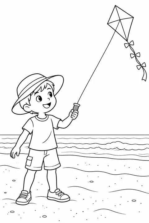 A child in a sunhat flies a diamond kite above a sandy beach.