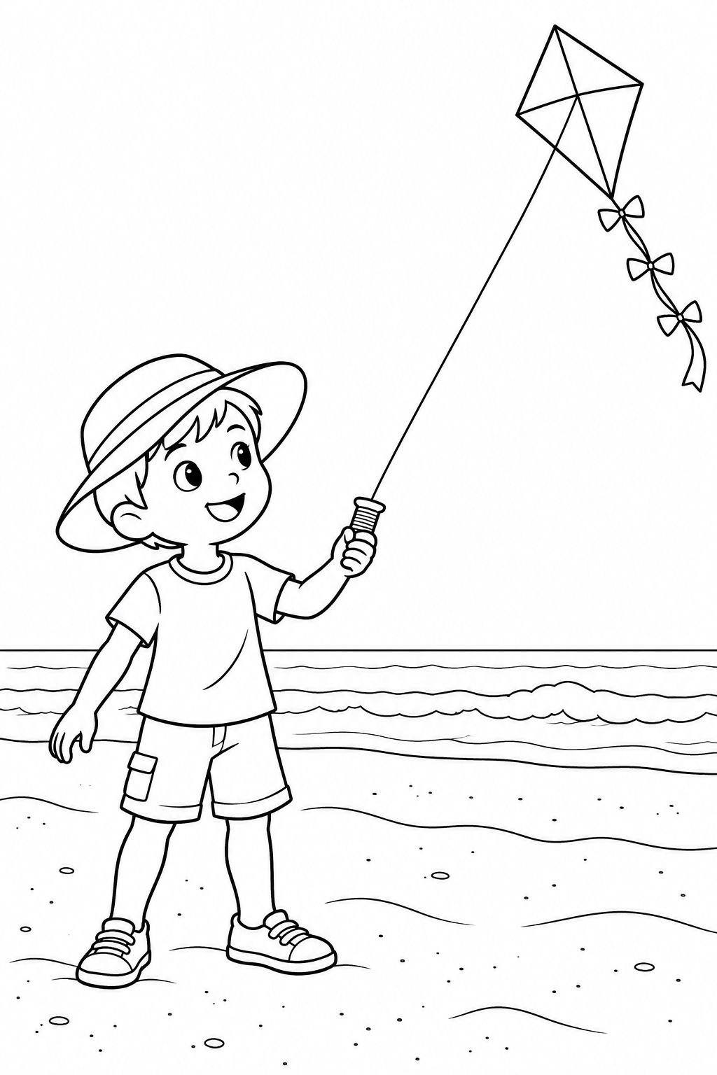 Un bambino con il cappello fa volare un aquilone sulla spiaggia.