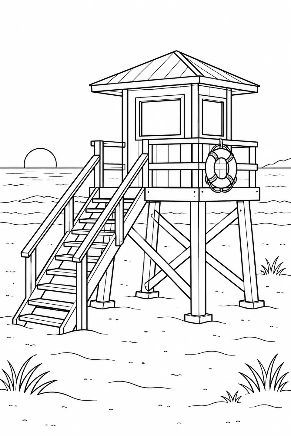 A raised beach lookout has stairs, railings and a rescue ring.