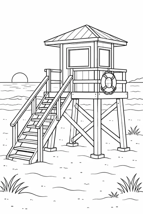 A raised beach lookout has stairs, railings and a rescue ring.