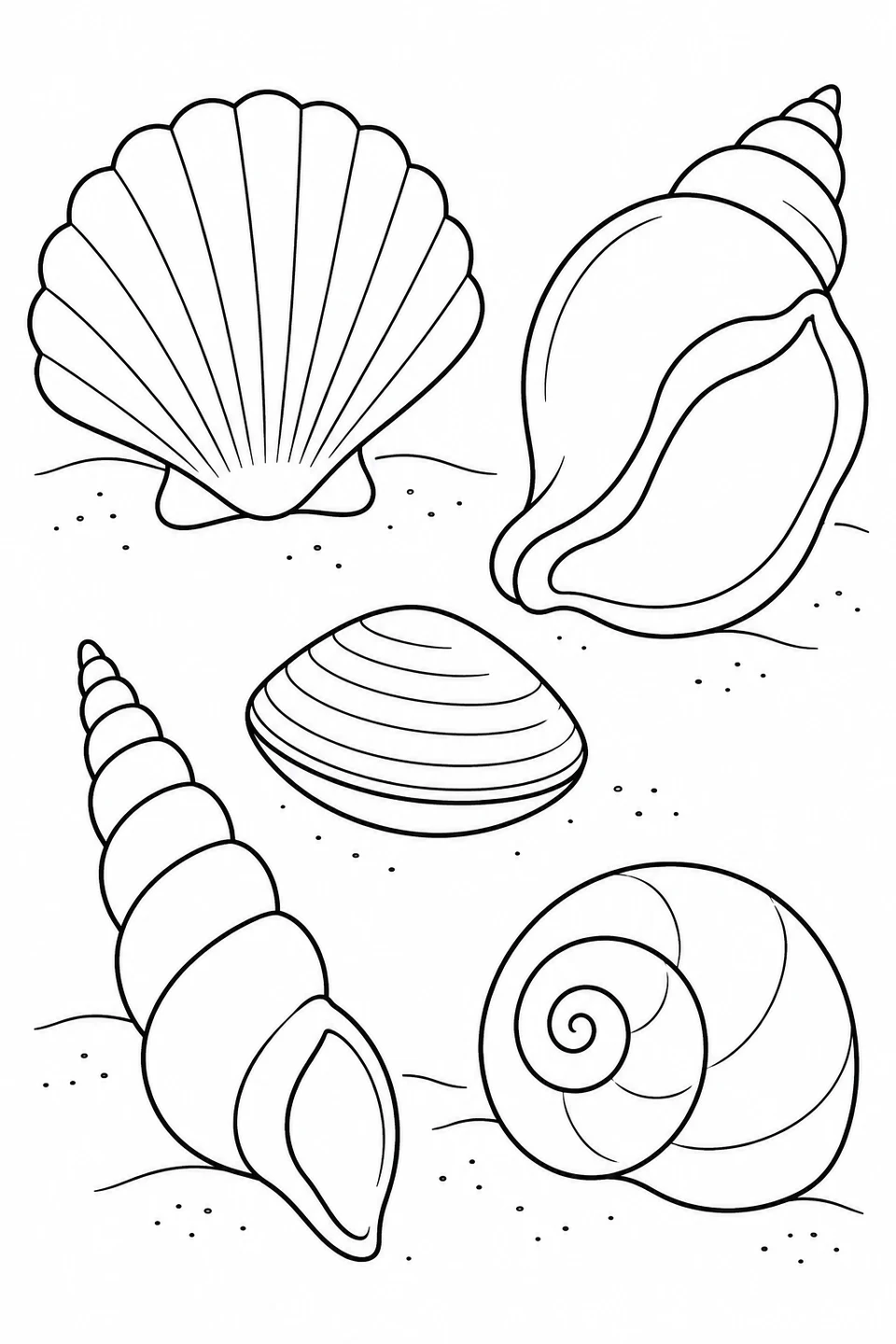 Fünf unterschiedlich geformte Muscheln liegen im Sand.