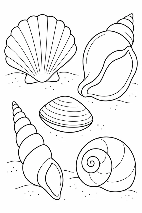 Five different seashell shapes rest on the sand.