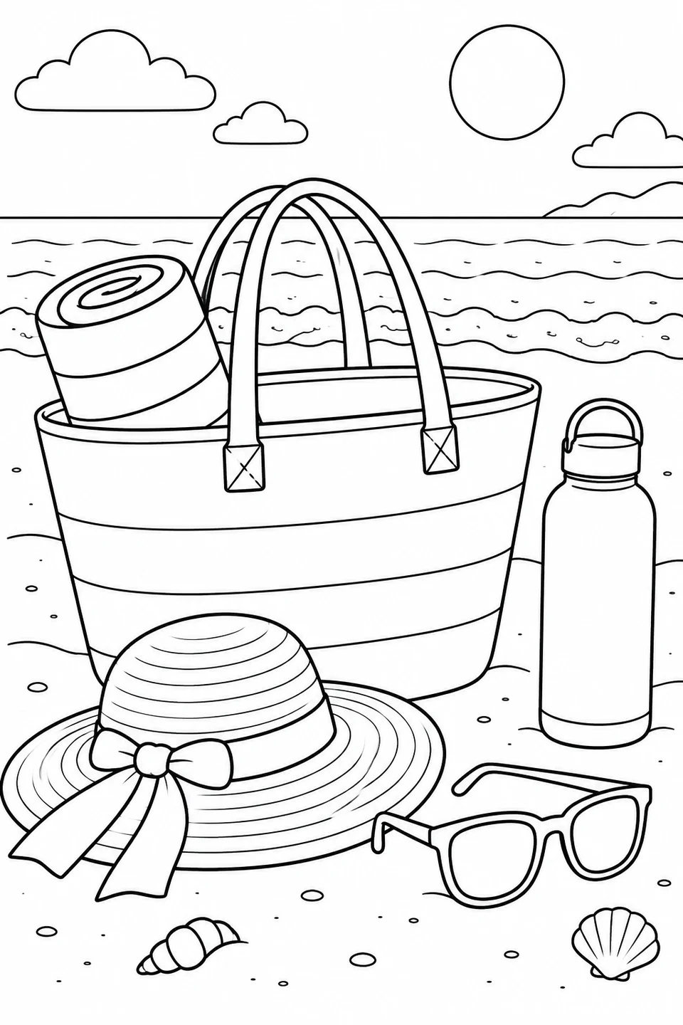 A sunhat, sunglasses and a water bottle sit beside a tote bag with a rolled towel.
