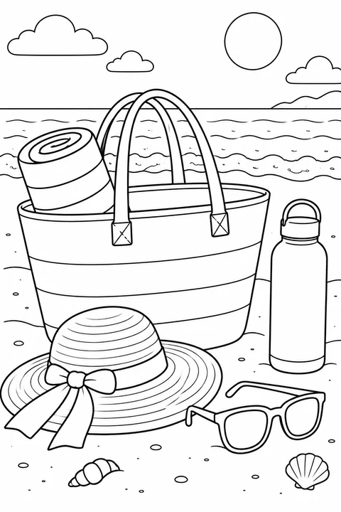 A sunhat, sunglasses and a water bottle sit beside a tote bag with a rolled towel.