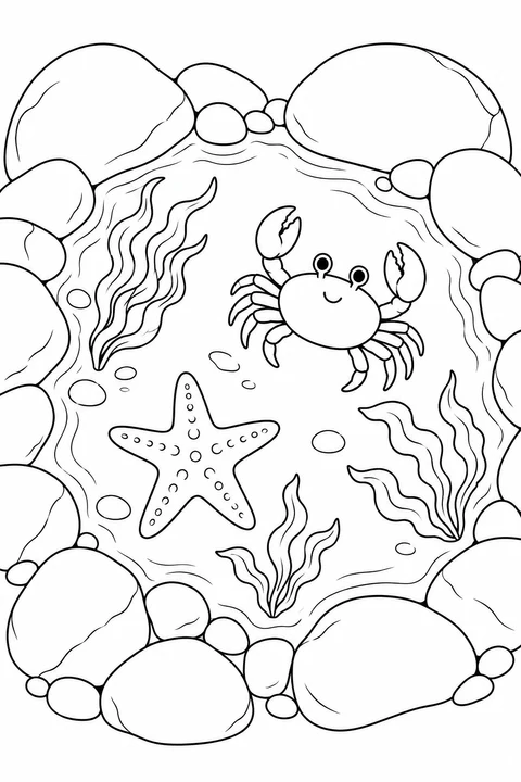 A friendly crab and a starfish sit among seaweed in a rocky tide pool.