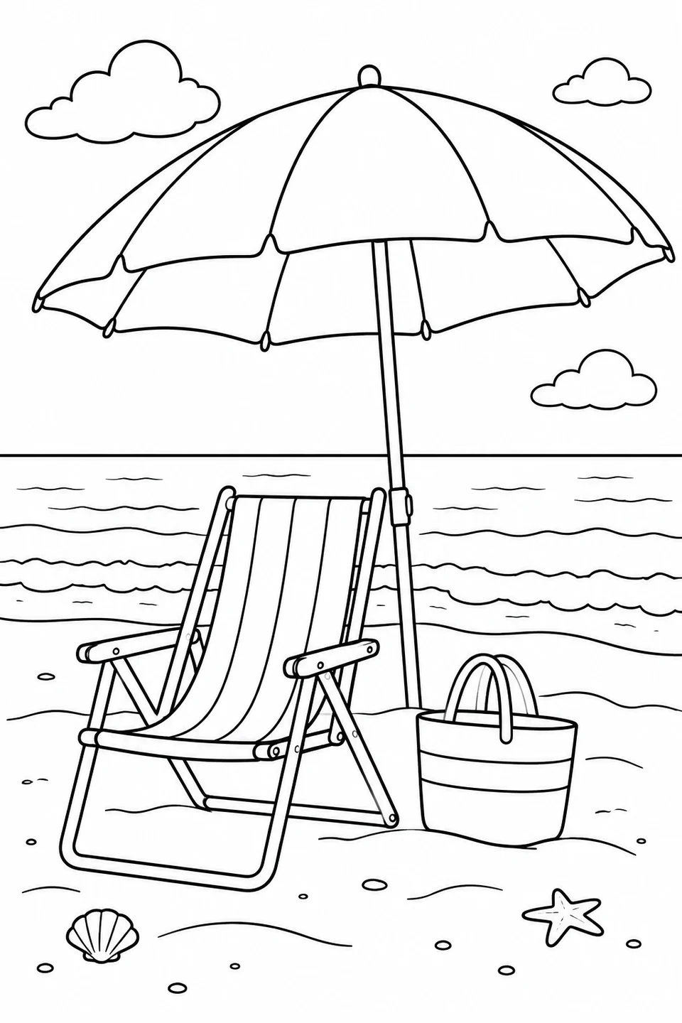 A beach umbrella shades a folding chair beside a bag on the sand.