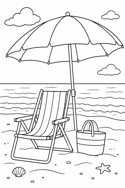 A beach umbrella shades a folding chair beside a bag on the sand.