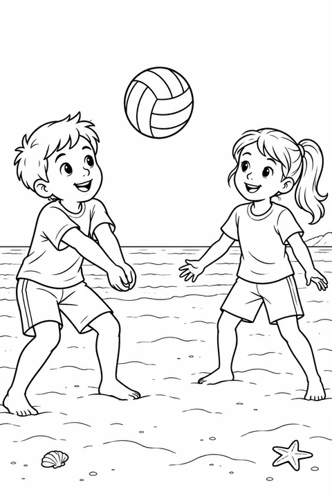 Two children pass a volleyball on the beach.