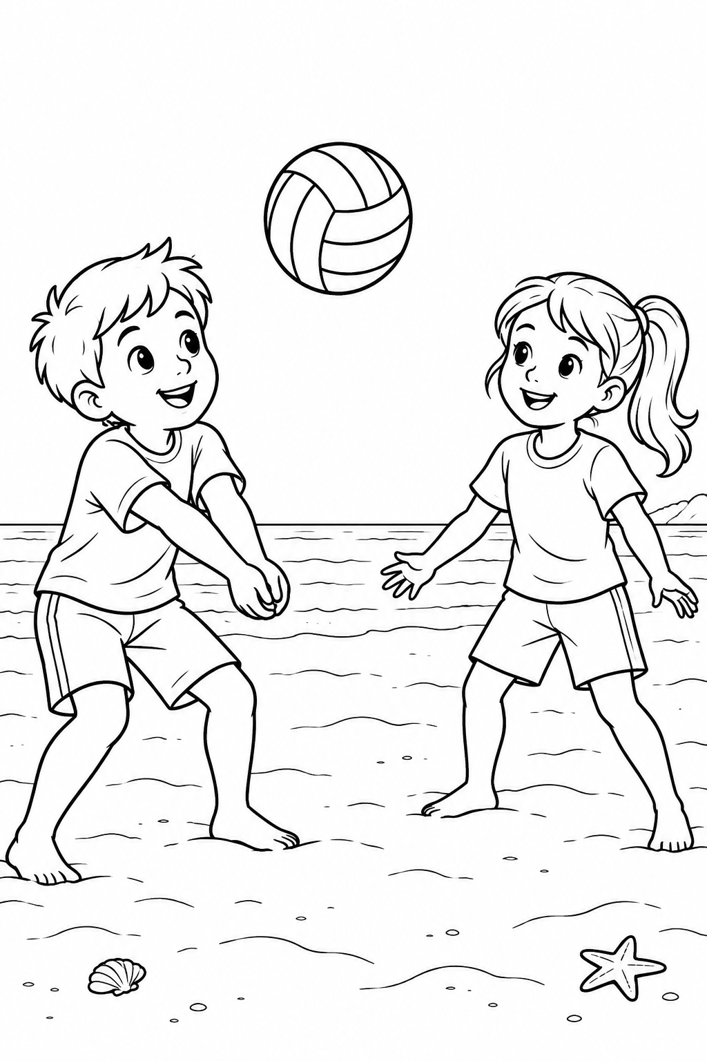 Due bambini si passano una palla da pallavolo sulla spiaggia.
