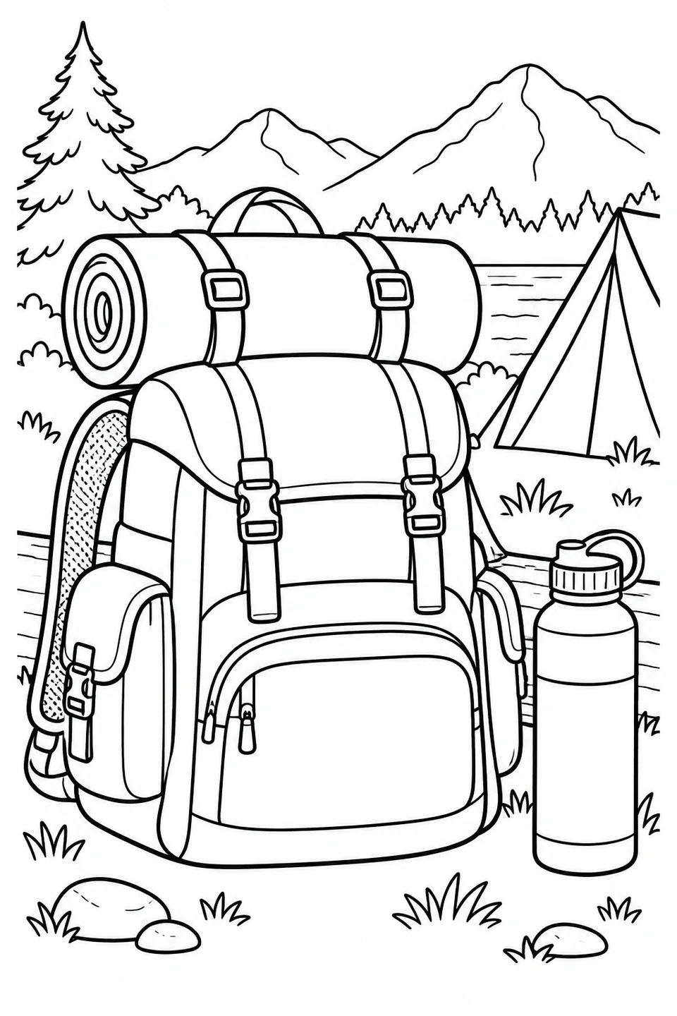 A large backpack carries a rolled mat, with a water bottle beside it and mountains beyond the campsite.