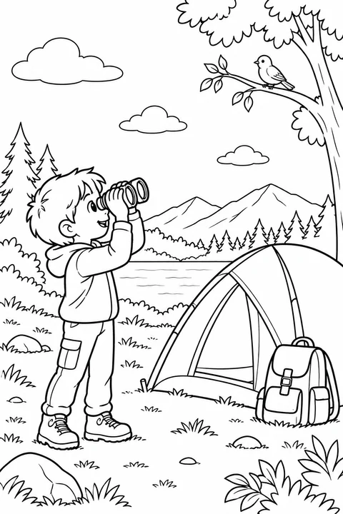 A child looks through binoculars toward a bird on a branch, standing beside a tent and backpack.