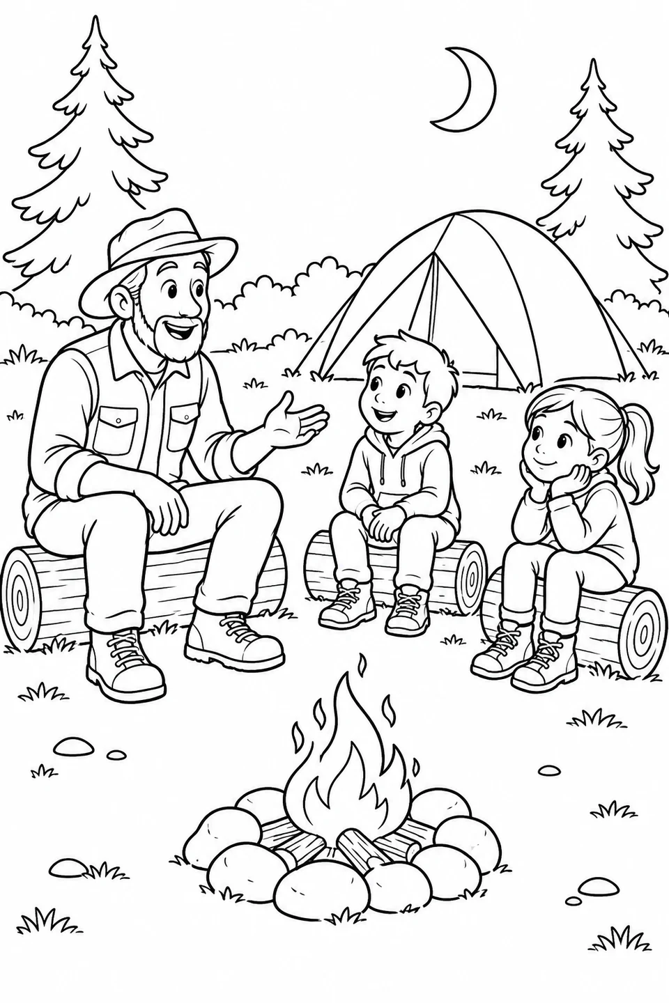 An adult talks with two children seated on logs, with a small stone-ringed campfire in front and a tent behind.