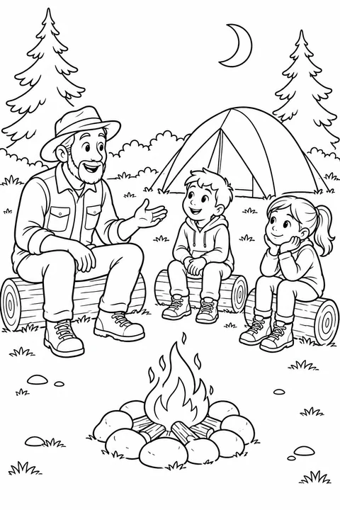 An adult talks with two children seated on logs, with a small stone-ringed campfire in front and a tent behind.
