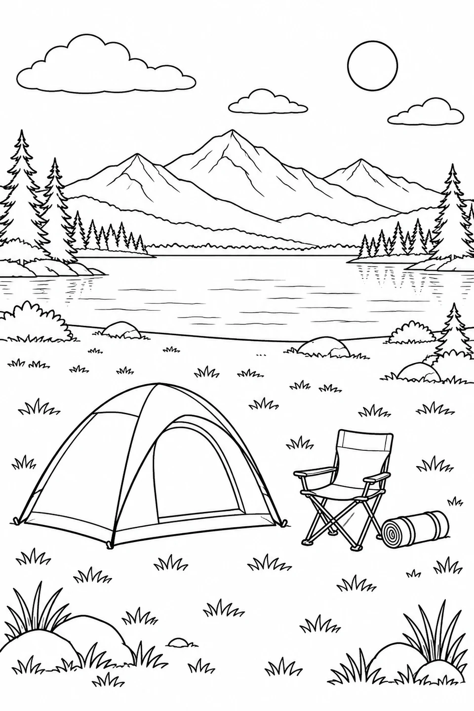 An empty tent, folding chair and rolled mat sit on a grassy clearing overlooking a lake and mountains.