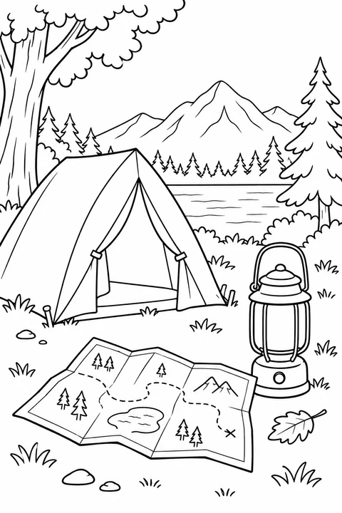 A lantern stands beside an unfolded map, with a tent, lake and mountains in the background.