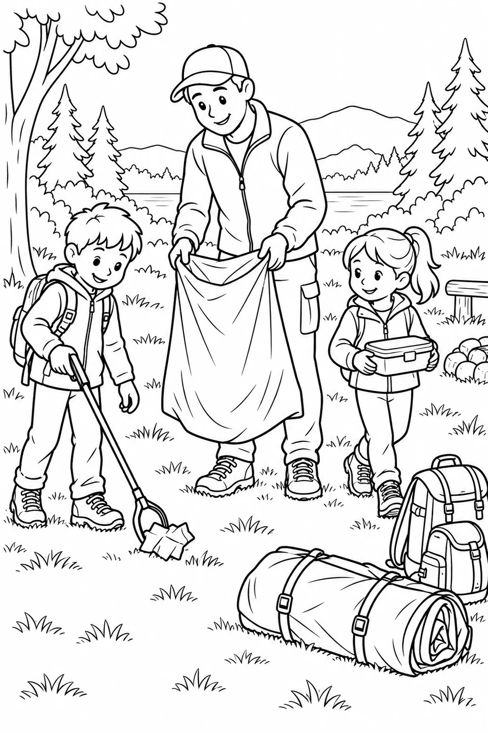 An adult holds a rubbish bag while one child uses a litter grabber near a wrapper and another carries a closed container.