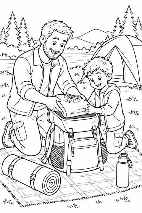 An adult man and a child place a folded sweater in an open backpack beside a rolled mat and water bottle.