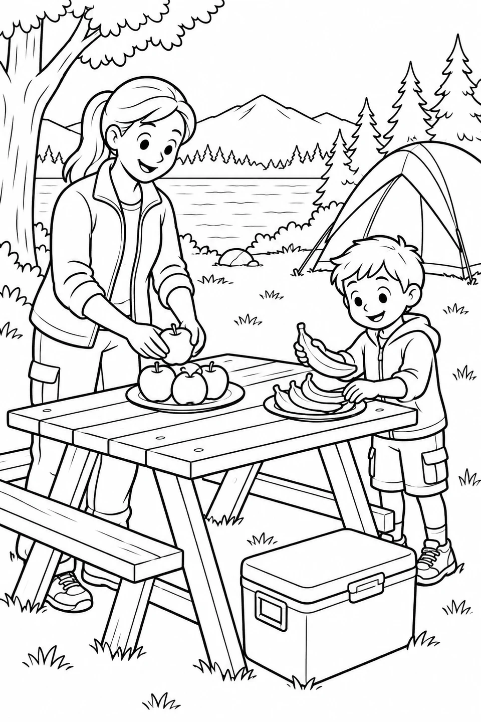 An adult and child arrange apples and bananas at a picnic table, with a closed cooler nearby.