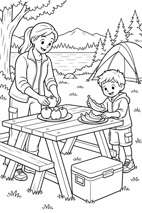 An adult and child arrange apples and bananas at a picnic table, with a closed cooler nearby.