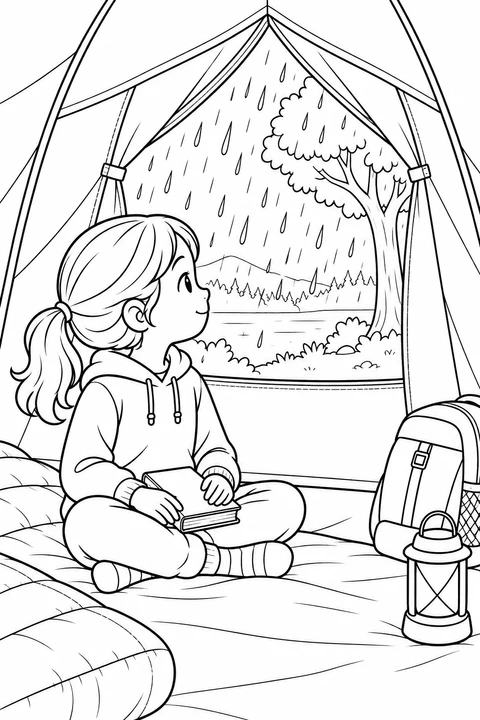 A child sits inside a tent with a closed book on their lap, looking out at the rain.