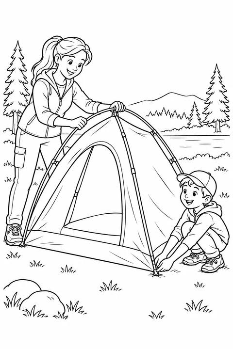 An adult holds a curved tent pole while a child steadies the lower corner of the tent.