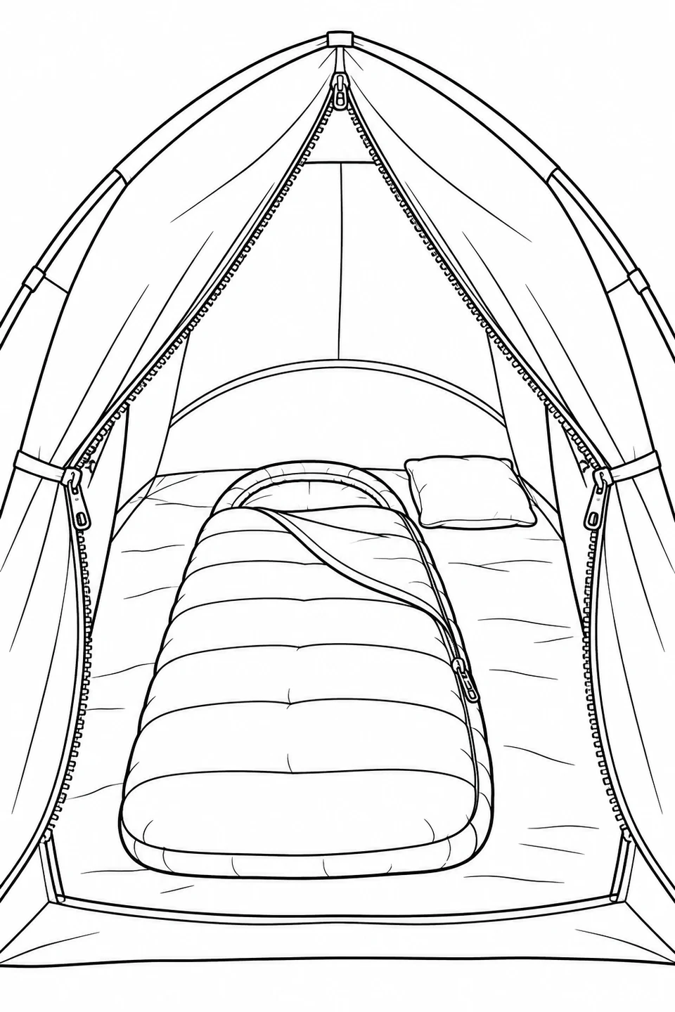 A sleeping bag and pillow rest on the groundsheet inside an open tent doorway.