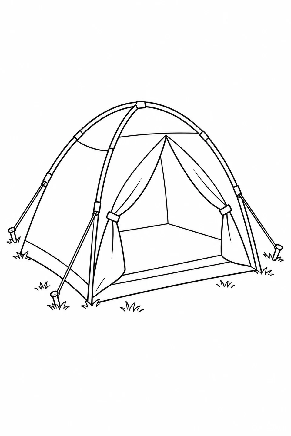 An open dome tent stands on grass, with tied-back door flaps, curved poles and visible ground stakes.