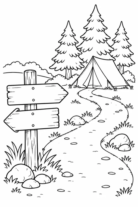 A blank two-arrow signpost stands beside a winding path leading to a tent among tall trees.